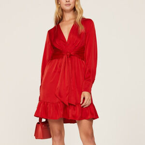 Marissa Webb Satin Dress Tie Front Long Sleeve Red 2
